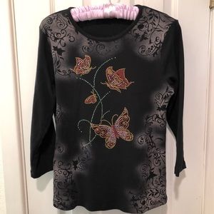 CACTUS Womens Black Cotton Knit Tee 3/4 Sleeve Rhinestone and Stud Embellished M